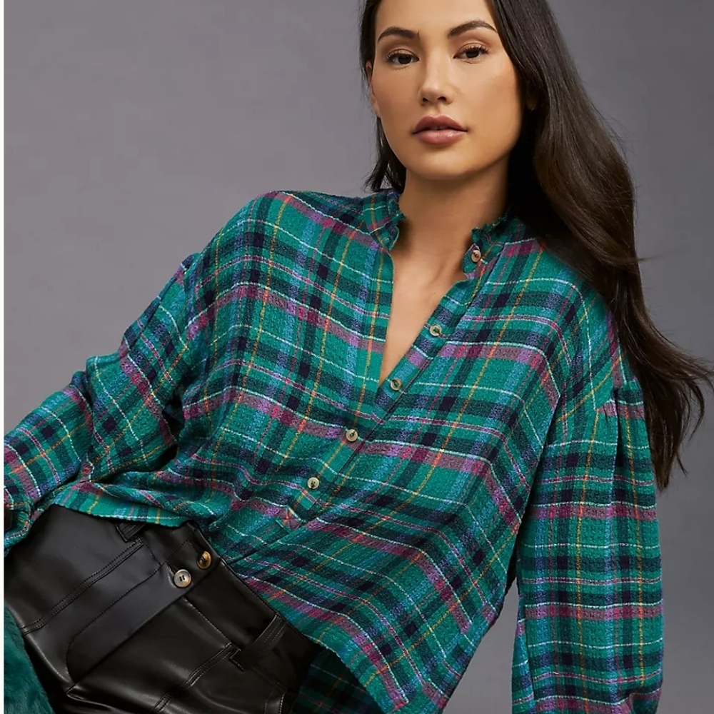 NWOT PILCRO × ANTHROPOLOGIE Plaid Seersucker Cropped Puff Sleeve Shirt Top S - Picture 2 of 10